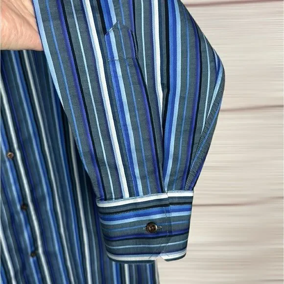 ETRO Milano Casual Button Up Shirt Cotton Blue Gray Striped Italy size 41 US 16 - Picture 9 of 12